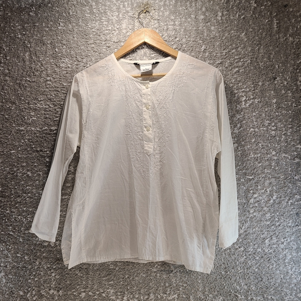 Trina‎ Turk Women White 3/4 Sleeve Embroidered Tunic Blouse Cotton Lightweight M